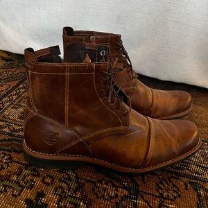 Lace-up ankle boot with plush padded collar and burnished finish at heel and toe